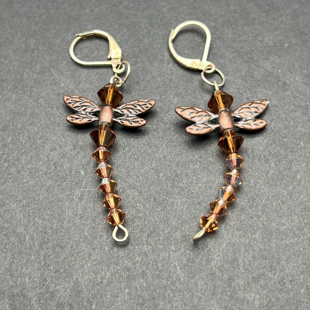 Womens Dragonfly Beaded Earrings Amber Brown Dangle Boho Nature Inspired Jewelry